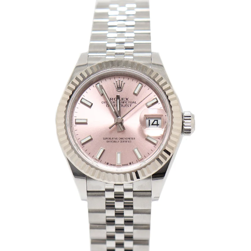 smartwatch with cycling performance tracking-Rolex Ladies Datejust Stainless Steel 28mm Pink Stick Dial Watch Reference# 279174