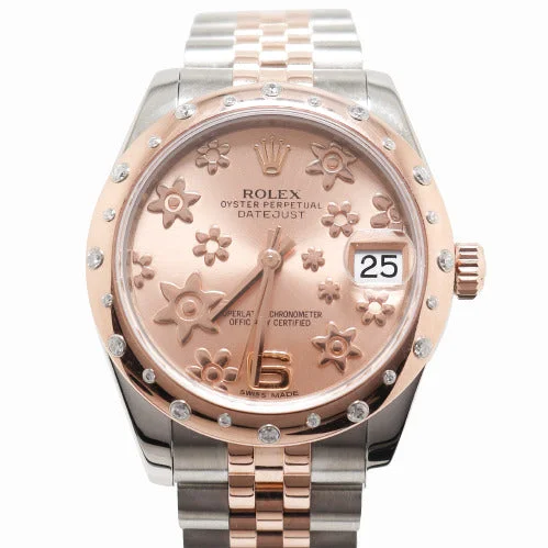 classic aviator wristwatches-Rolex Ladies Datejust Stainless Steel and Rose Gold 31mm Pink Flower Print Dial Watch Reference# 178341