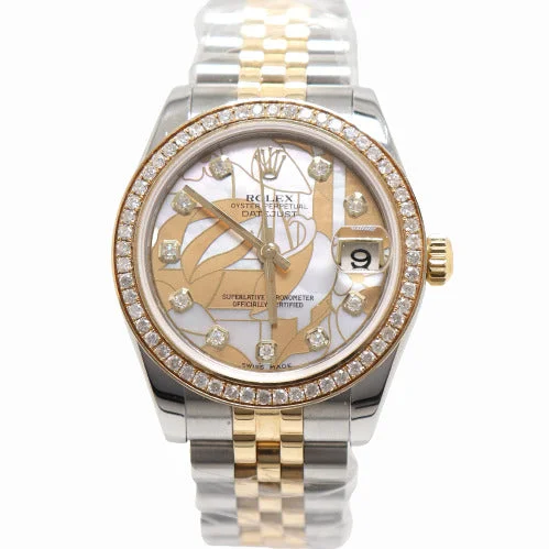 hybrid digital-analog watches-Rolex Ladies Datejust Two Tone Yellow Gold and Stainless Steel 31mm Goldust Dream Dial Watch Reference# 178273