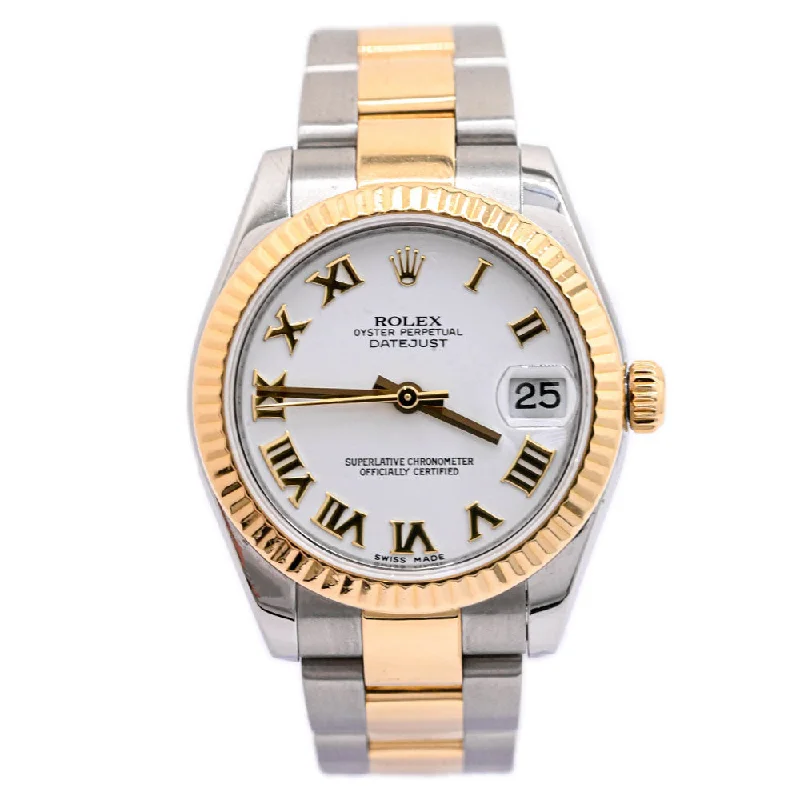 smartwatch with smart notification alerts-Rolex Ladies Datejust Two Tone Yellow Gold and Stainless Steel 31mm White Roman Dial Watch Ref# 178273