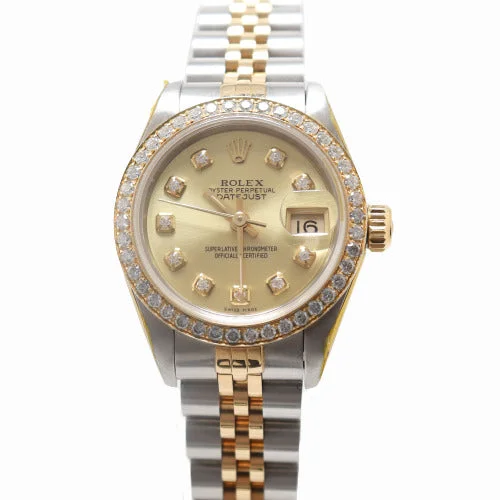 quartz watches with sport functionality-Rolex Ladies Datejust Yellow Gold and Stainless Steel 26mm Custom Champagne Dial Watch Reference# 69173