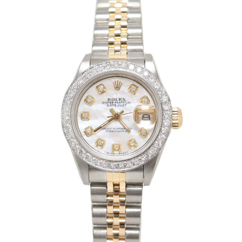 vintage mechanical diving watches-Rolex Ladies Datejust Yellow Gold & Stainless Steel 26mm Custom White MOP Diamond Dial Watch Reference# 179163