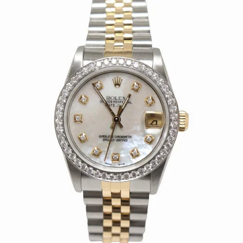 ultra-slim smartwatch designs-Rolex Ladies Datejust Yellow Gold & Stainless Steel 31mm Custom White MOP Diamond Dial Watch Reference# 68273