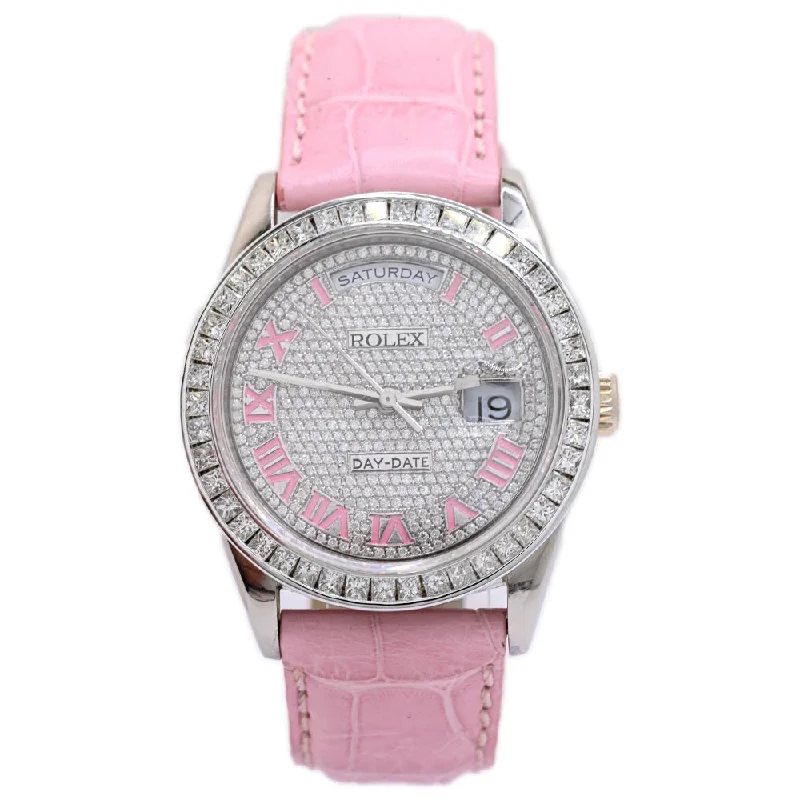 smartwatch with daily health reports-Rolex Ladies Day-Date White Gold 36mm Custom Pave Pink Roman Diamond Dial Watch Reference #: 18239