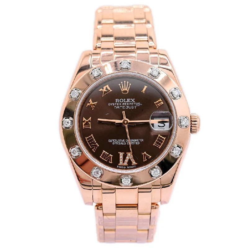 digital sports watches with GPS-Rolex Ladies Pearlmaster Rose Gold 34mm Chocolate Roman Diamond 6 Dial Watch Reference #: 81315