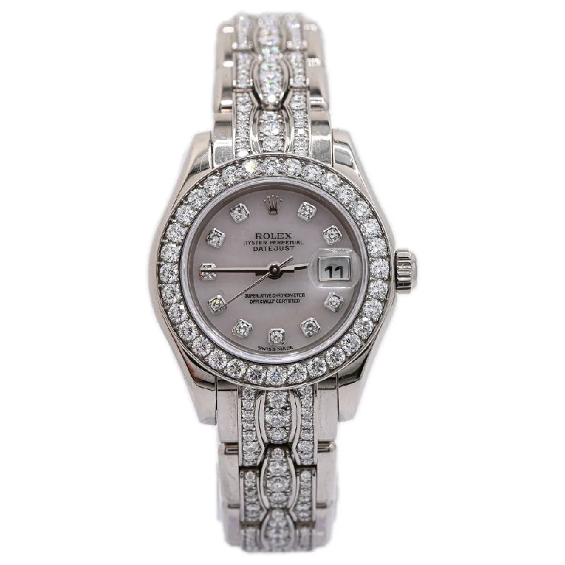 leather strap smartwatches-Rolex Ladies Pearlmaster White Gold 29mm White MOP Diamond Dial Watch Reference #: 80299