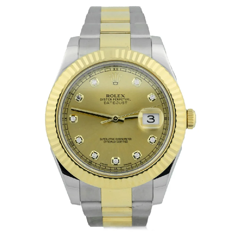 solar-powered mechanical chronograph watches-Rolex Men's Datejust II 18K Yellow Gold & Steel 41mm Champagne Diamond Dial Watch Reference #: 116333