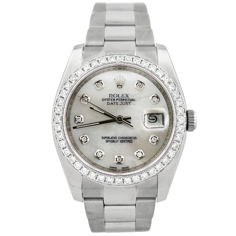 luxury wristwatches with ceramic cases-Rolex Mens Datejust Stainless Steel 36mm MOP Diamond Dial Watch Reference #: 116264