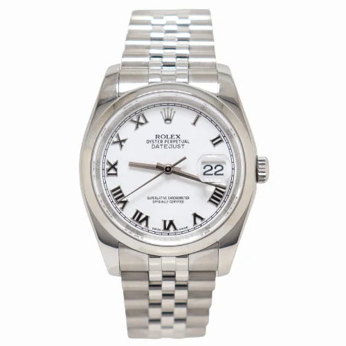 analog wristwatches with date function-Rolex Men's Datejust Stainless Steel 36mm White Roman Dial Watch Reference# 116200