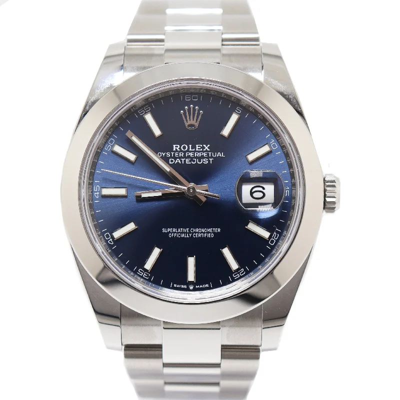 smartwatch with calorie burning alerts-Rolex Men's Datejust Stainless Steel 41mm Blue Stick Dial Watch Reference# 126300