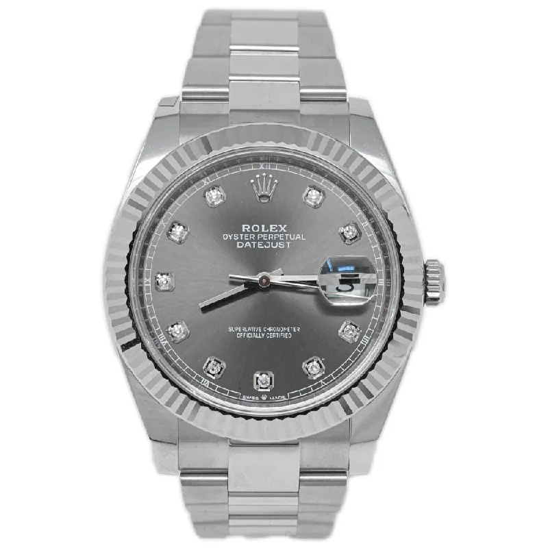 luxury wristwatches with ceramic cases-Rolex Men's Datejust Stainless Steel 41mm Rhodium Diamond Dot Dial Watch Reference #: 126334