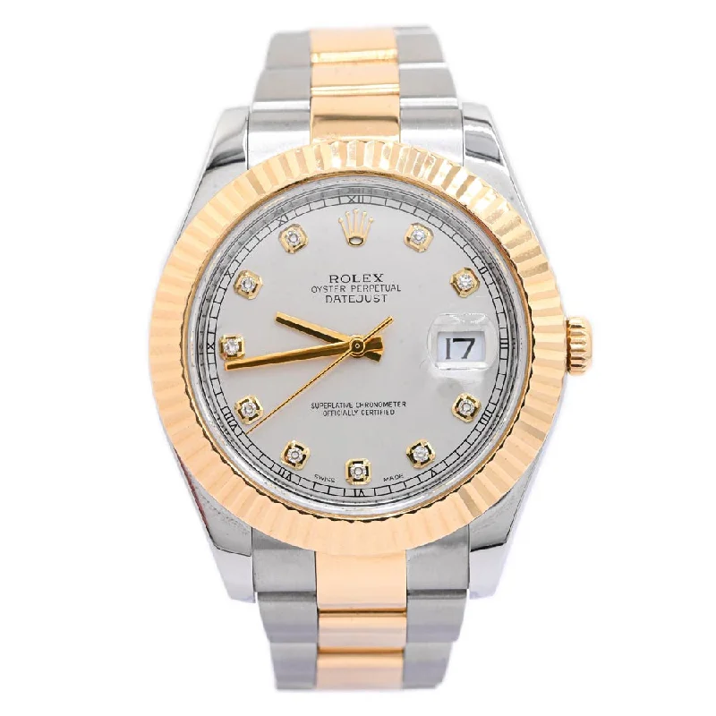 mechanical dress watches with moonphase-Rolex Men's Datejust Two Tone Yellow Gold and Stainless Steel 41mm Ivory Diamond Dial Watch Reference #: 116333