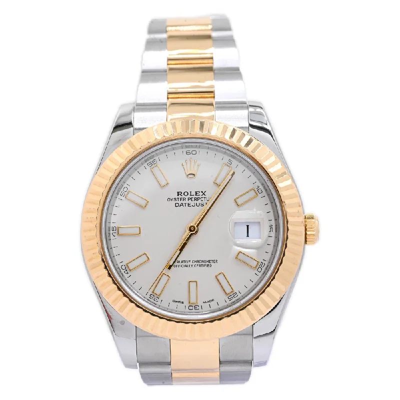 solar-powered analog watches-Rolex Men's Datejust Two Tone Yellow Gold and Stainless Steel 41mm Ivory Stick Dial Watch Reference #: 116333