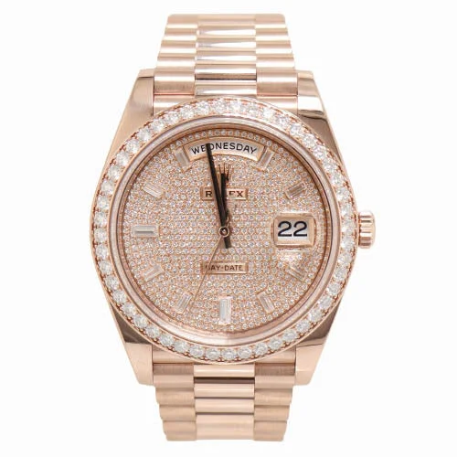 men's sport chronograph wristwatches-Rolex Men's Day-Date 18k Rose Gold 40mm Pave Diamond Dial w/ Diamond Baguette Hour Markers Reference #228345RBR