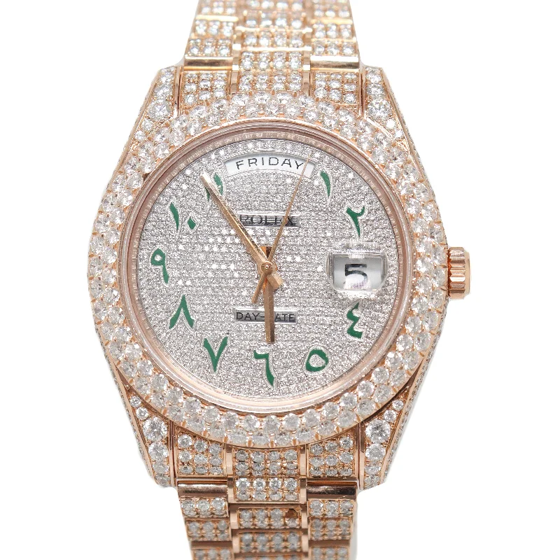 ultra-lightweight outdoor watches-Rolex Men's Day-Date Rose Gold Fully Iced Out Pave Set Diamond Dial w/ Arabic Hour Markers Reference# 218235