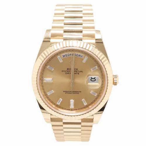 waterproof fitness tracker wristwatches-Rolex Men's Day-Date Yellow Gold 40mm Champagne Baguette Diamond Dial Watch Reference #228238