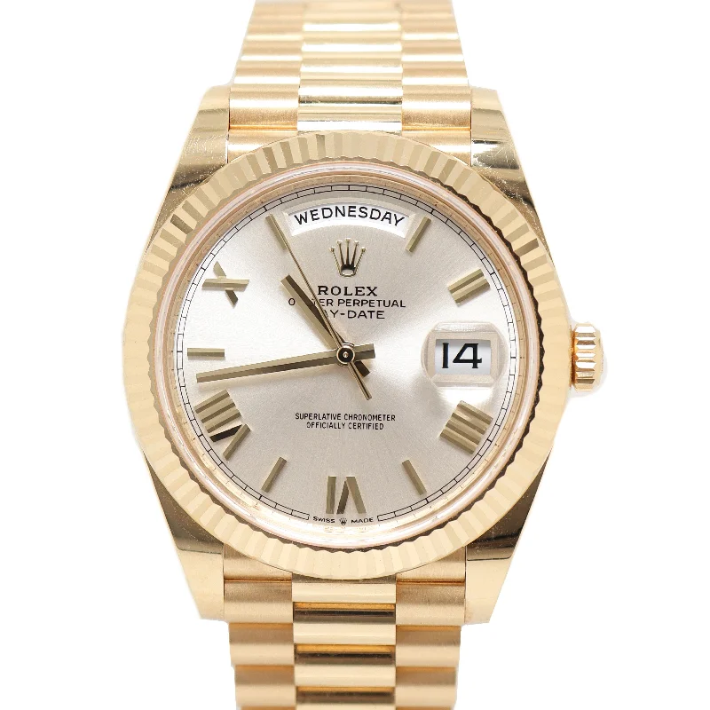 classic quartz wristwatches for men-Rolex Men's Day Date Yellow Gold 40mm Silver Roman Dial Watch Reference#