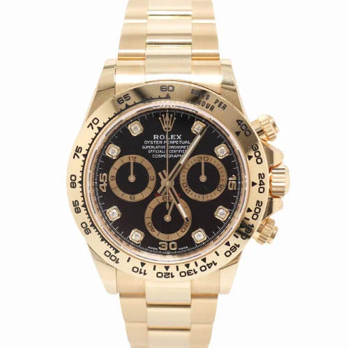 leather strap smartwatches-Rolex Mens Daytona Yellow Gold 40mm Black Chronograph Diamond Dial Watch Ref# 116508