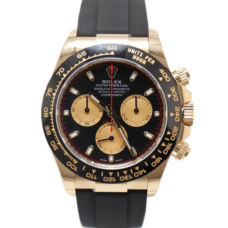 analog wristwatches with date function-Rolex Men's Daytona Yellow Gold 40mm Black Chronograph "Paul Newman" Dial Watch Reference# 116518