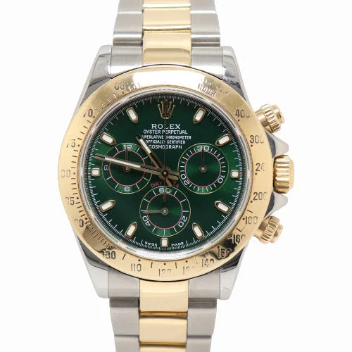 smartwatch with multiple alarm settings-Rolex Men's Daytona Two Tone Yellow Gold and Stainless Steel 40mm Custom Green Chronograph Dial Watch Reference# 116523