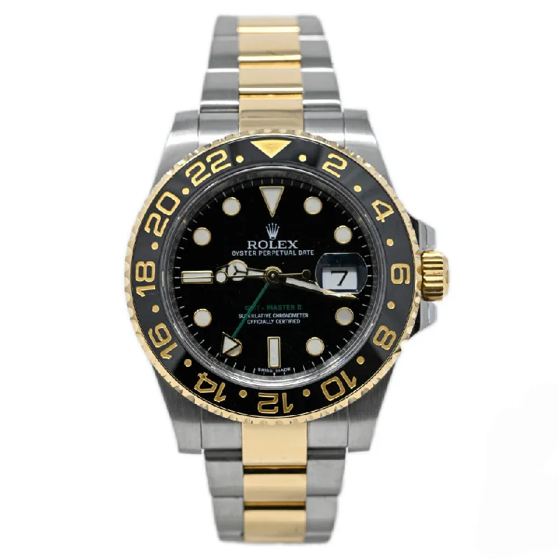 mechanical dress watches with moonphase-Rolex Men's GMT Master II Two Tone Yellow Gold and Stainless Steel 40mm Black Dot Dial Watch Reference #: 116713