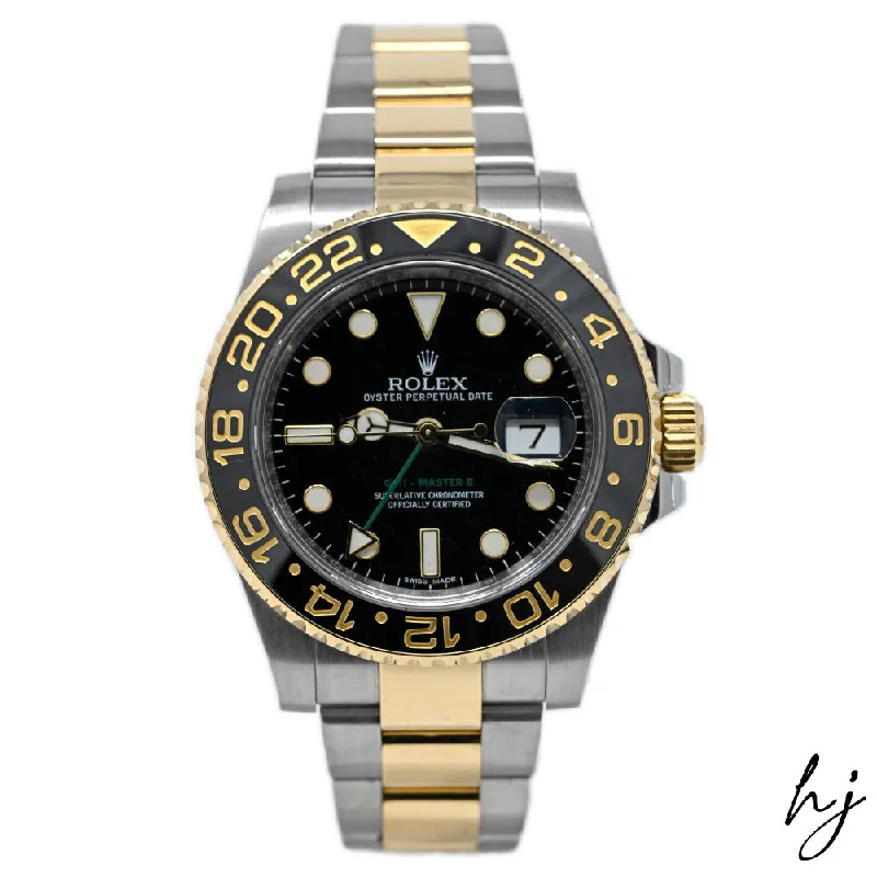 smartwatch with enhanced workout efficiency-Rolex Men's GMT Master II Two Tone Yellow Gold and Stainless Steel 40mm Black Dot Dial Watch Reference #: 116713