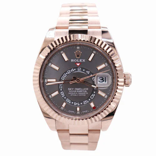 high-end pilot chronograph watches-Rolex Men's Sky-Dweller 18K Rose Gold 42mm Rhodium Stick Dial Watch Ref #326935