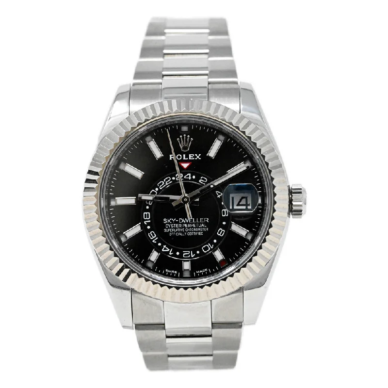 advanced diving wristwatches-Rolex Mens Sky-Dweller Stainless Steel 42mm Black Stick Dial Watch Reference #: 326934