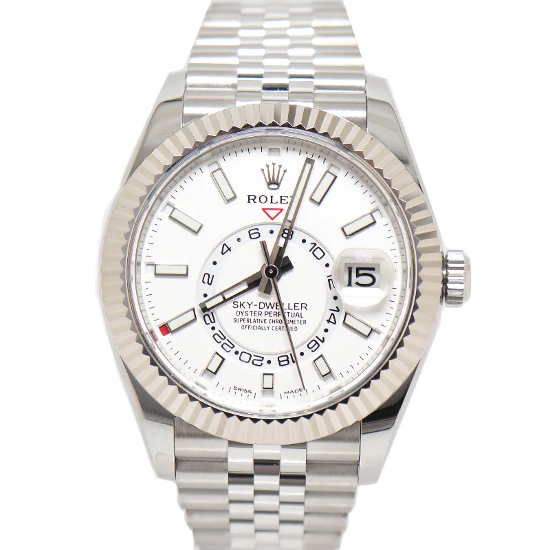 solar-powered fitness watches-Rolex Mens Skydweller Stainless Steel 42mm White Stick Dial Watch Reference# 326934