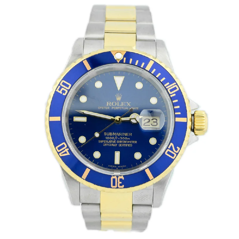 elegant diamond watches for women-Rolex Men's Submariner Date 18K Yellow Gold & Steel 40mm Blue Dot Dial Watch Reference #: 16613LB