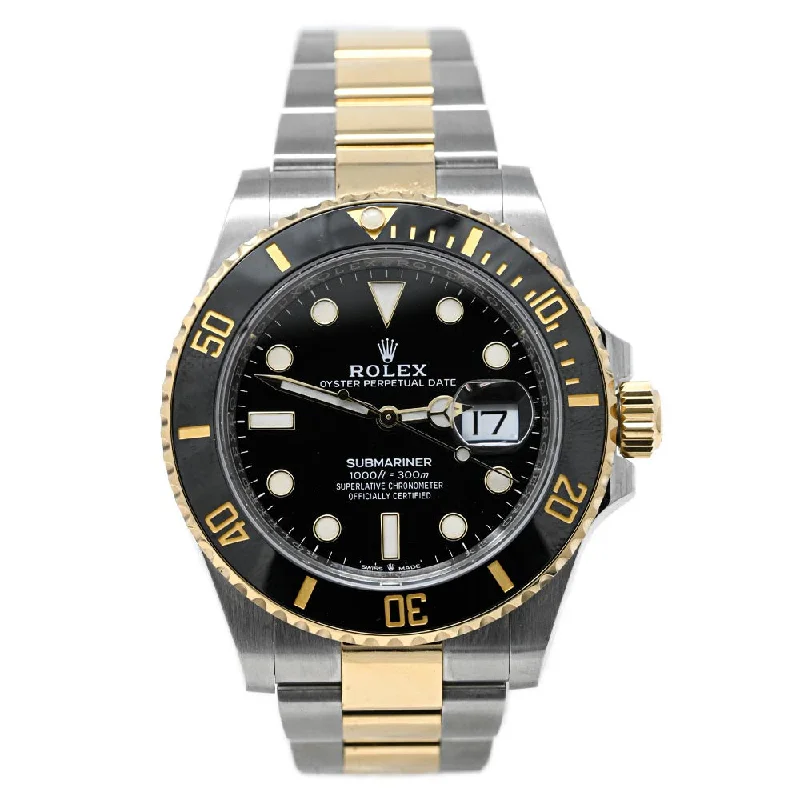 men's leather band wristwatches-Rolex Men's Submariner Date 18K Yellow Gold & Steel 41mm Black Dot Dial Watch Reference #: 126613LN