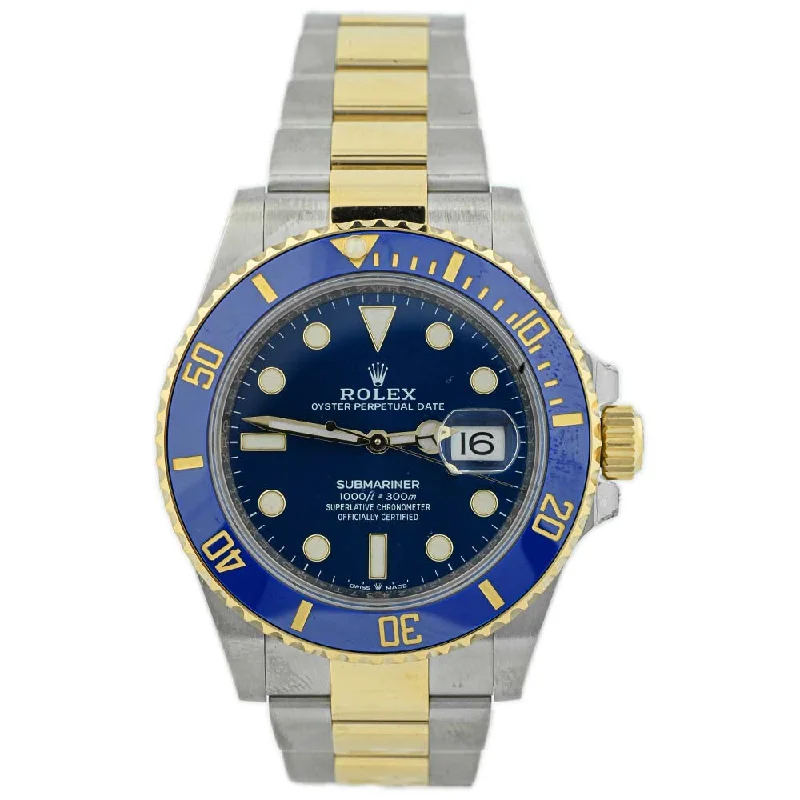 luxury chronograph sports watches-Rolex Men's Submariner Date 18K Yellow Gold & Steel 41mm Blue Dot Dial Watch Ref# 126613LB