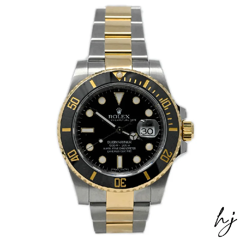 smartwatch with workout data sync-Rolex Men's Submariner Date Yellow Gold & Steel 40mm Black Dot Dial Watch Reference #: 116613LN