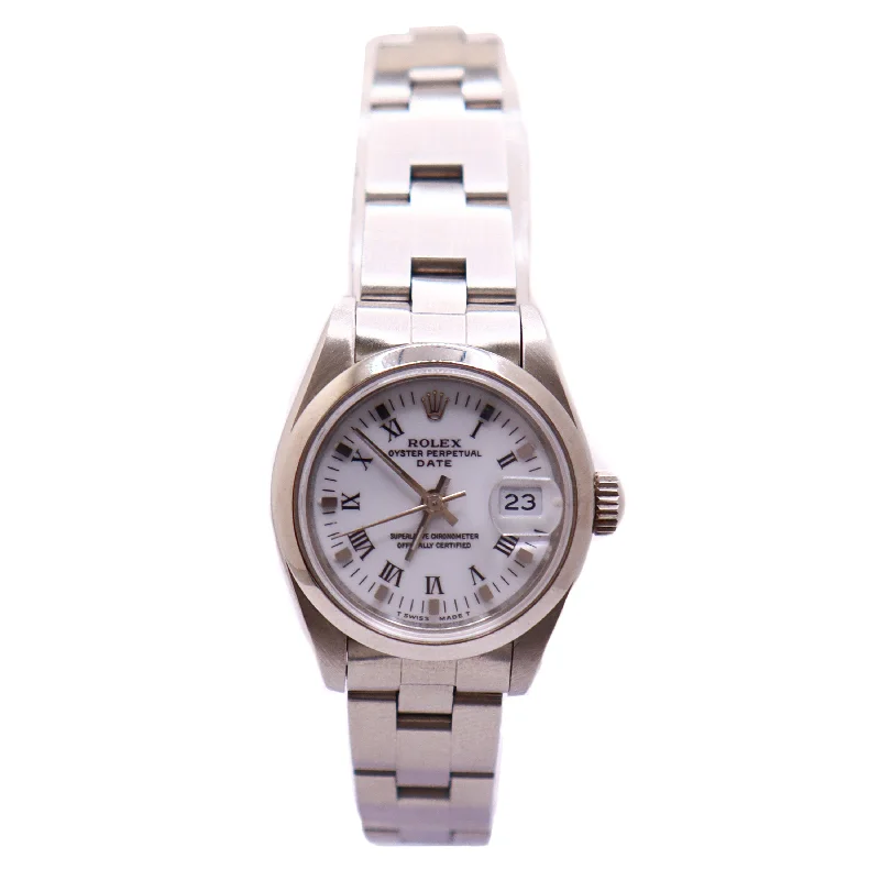 smartwatch with custom alert tones-Rolex Ladies Date 26mm Stainless Steel White Roman Doorstop Dial Watch #69160