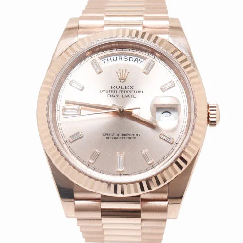 smartwatch with body fat percentage tracking-Rolex President Day-Date 40mm 18k Everose Gold Case Sundust Pink Baguette Diamond Dial Watch Reference# 228235