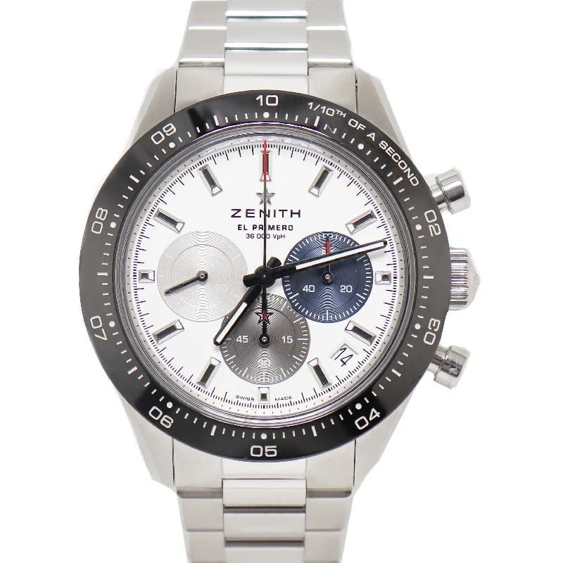 vintage-inspired automatic watches-Zenith Mens Chronomaster Sport Stainless Steel 41mm White Chronograph Dial Watch Reference# 03.3100.3600/69.M3100