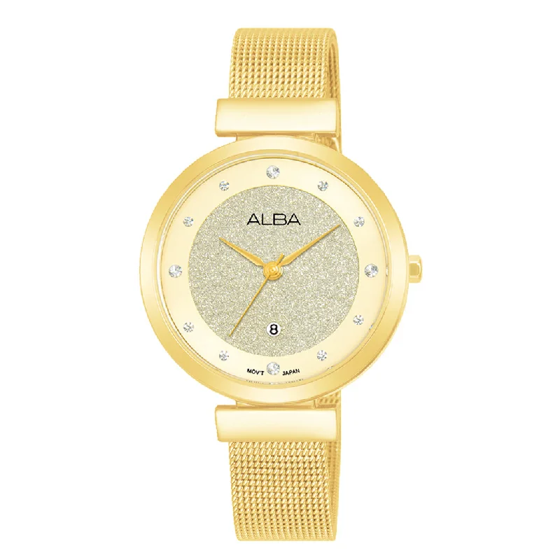 quartz racing chronograph wristwatches-Alba AH7CA2X1 Silver Shimmer Dial With Gold Straps Ladies Watch