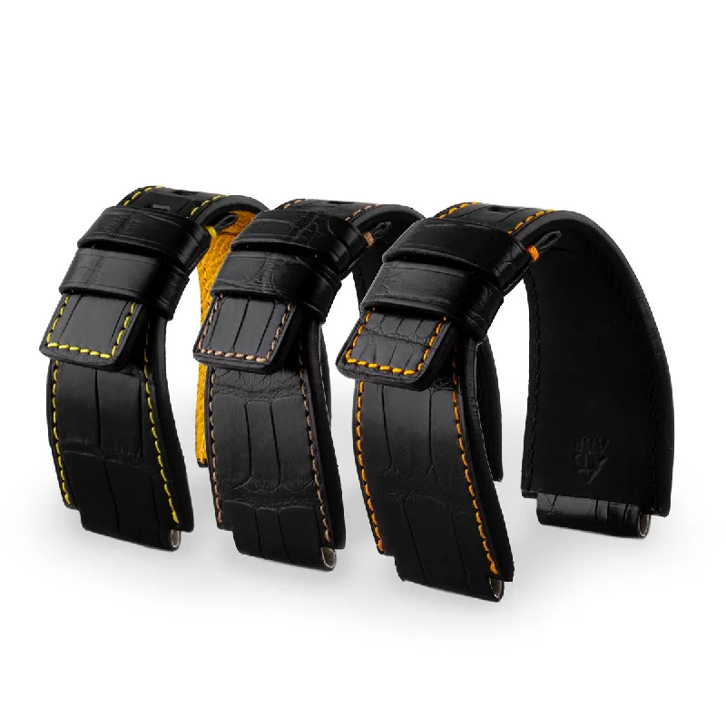 digital watches with world time function-Bell & Ross - Bracelet montre cuir - Alligator couture contrastée (noir / jaune, noir / marron, noir / orange)