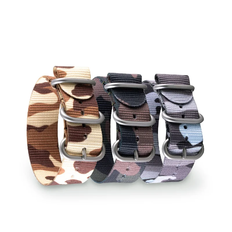 women's luxury fashion watches-Bracelet-montre Zulu 3 anneaux - Nylon / tissu Camo (marron, marron/vert, gris)