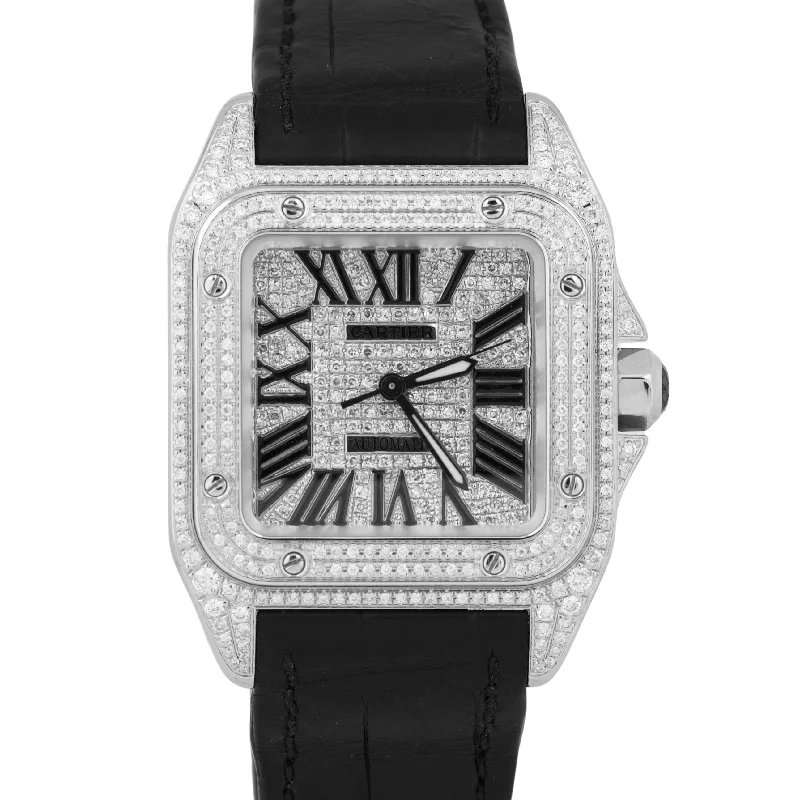 luxury men's wristwatches with moonphase-Cartier Santos 100 33mm PAVE DIAMOND Stainless Steel Roman Leather 2878 Watch