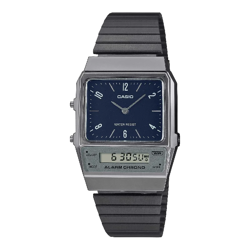 solar-powered analog watches-Casio Vintage Style Analog-Digital Dual Time Grey Ion Plated Stainless Steel Band Watch AQ800EB-2A AQ-800EB-2A