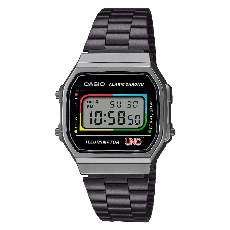 high-performance diving smartwatches-Casio Digital Vintage UNO’?????¶ôÇï¶ô¶© Collaboration Model Black Ion Plated Stainless Steel Band Watch A168WEUC-1A