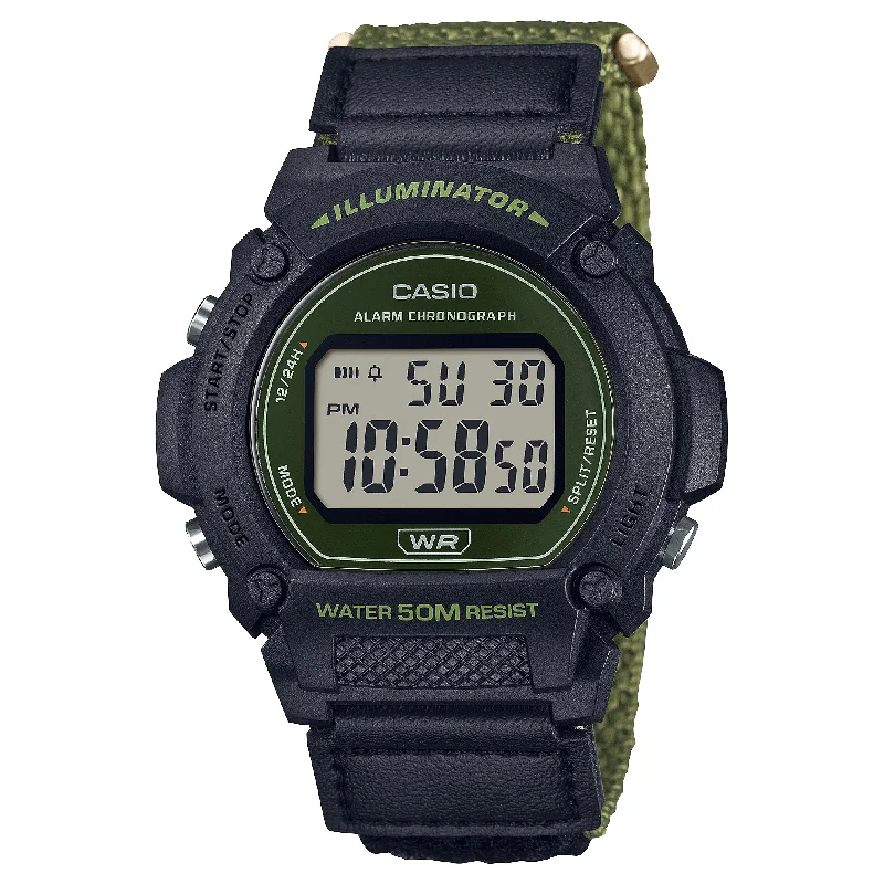 analog wristwatches with date function-Casio Digital Two-Tone Green & Black Cloth Band Watch W219HB-3A W-219HB-3A