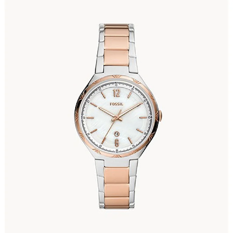 smartwatch with advanced calorie tracking-FOSSIL ASHTYN ROSE GOLD SILVER WHITE MOP DIAL WOMEN'S BQ3742 WATCH