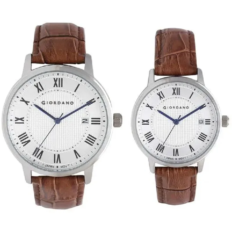 fashion-forward smartwatch with AI features-Giordano Mens And Womens Silver Dial Leather Analogue Couple Couple Watches - GD-986-01