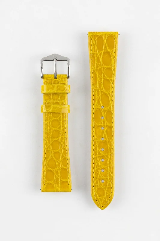 smartwatch with built-in compass-Hirsch GENUINE CROCO Shiny Crocodile Leather Watch Strap in YELLOW