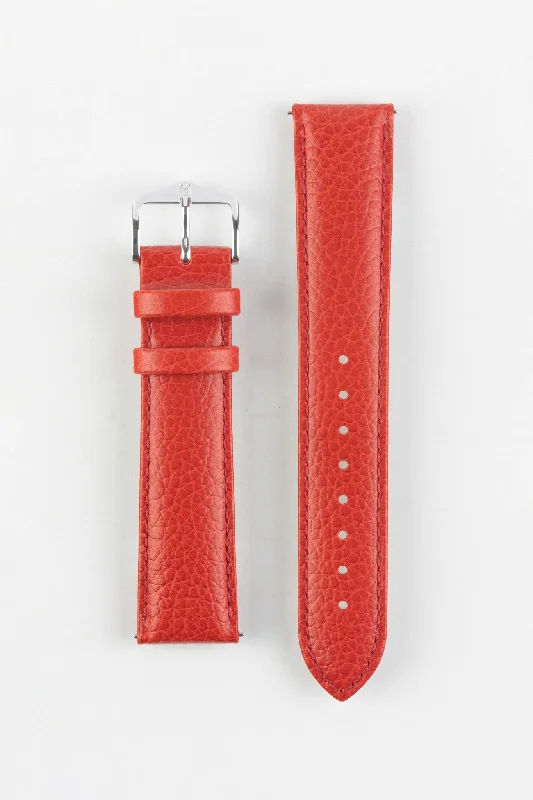 smartwatch with UV light exposure alert-Hirsch KANSAS Buffalo-Embossed Calf Leather Watch Strap in RED with Red Stitch