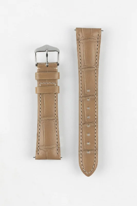 men's sporty wristwatches-Hirsch LONDON Matt Alligator Leather Watch Strap in BEIGE