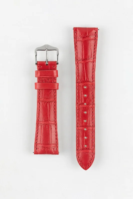 smartwatch with wrist-based ECG tracking-Hirsch LONDON Matt Alligator Leather Watch Strap in RED