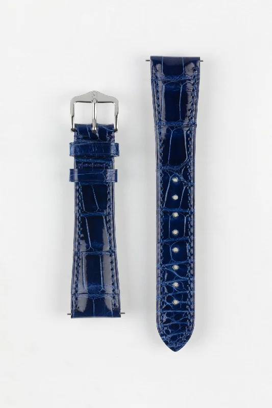 ultra-slim sports wristwatches-Hirsch LONDON Shiny Alligator Leather Watch Strap in BLUE